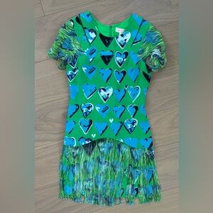Versace for H&M Vibrant Green and Blue Heart Pattern Dress with Fringe - Size 8